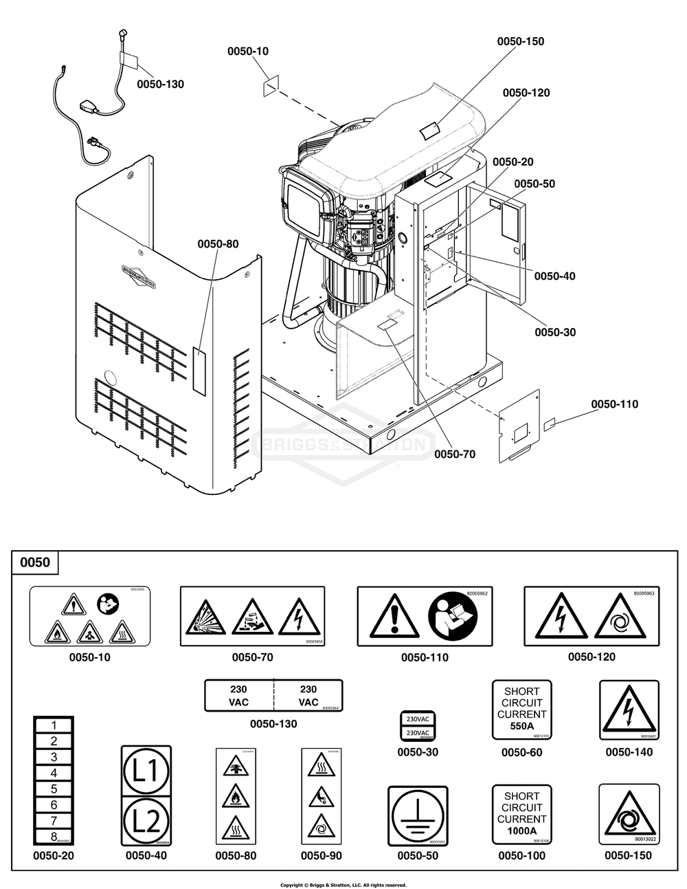 Decals Group Diagram and Parts List for 040494-02  Briggs and Stratton Generator